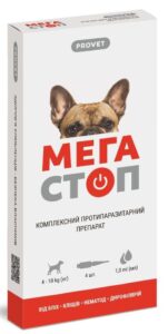 Краплі Provet Мегастоп для собак від 4 до 10 кг від зовнішніх та внутрішніх паразитів 4 піпетки х 1 мл