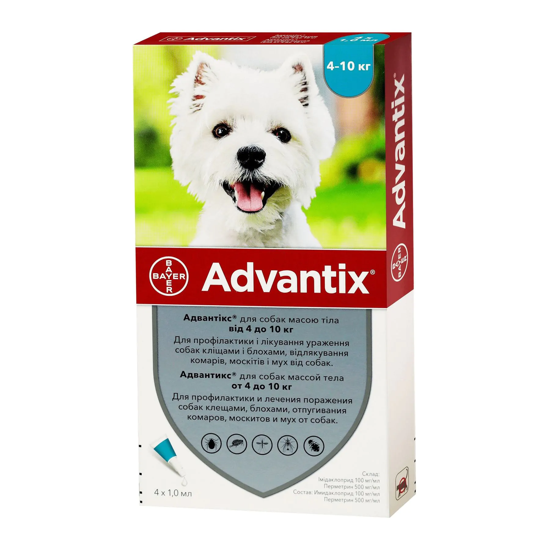 Краплі на холку для собак Bayer «Advantix» (Адвантікс) від 4 до 10 кг, 4 тюбика Краплі на холку для собак Bayer «Advantix» (Адвантікс) від 4 до 10 кг, 4 тюбика