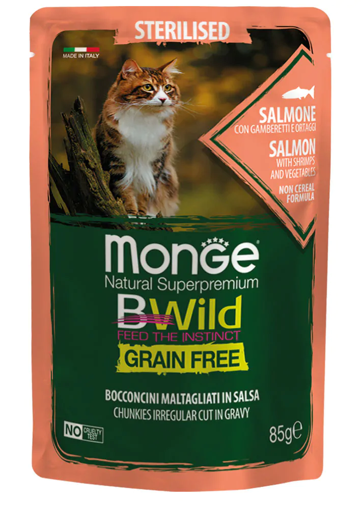 Вологий корм для котів MONGE CAT BWILD GR.FREE WET Sterilised лосось з креветками 85гр