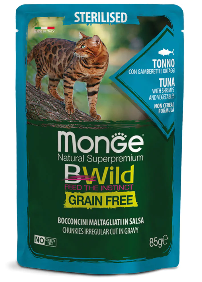 Вологий корм для котів MONGE CAT BWILD GR.FREE WET Sterilised тунець з креветками 85гр