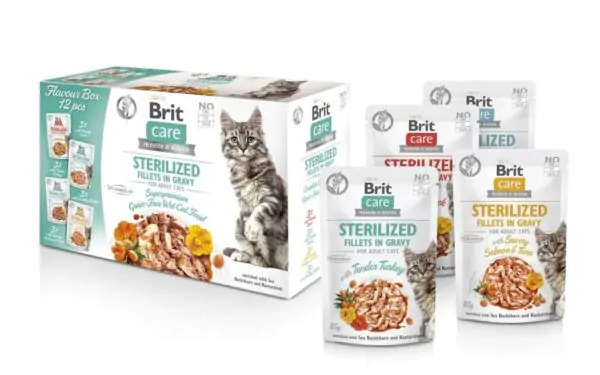 Brit Care Fillets in Gravy Flavour box Sterilized - вологий корм для стерилізованих котів філе в соусі набір смаків 12 х 85 г