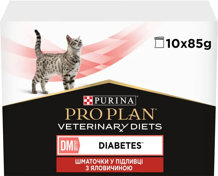 Вологий корм для котів при цукровому діабеті Purina Pro Plan DM ST/OX Diabetes Managment з яловичиною 10x85 г упаковка