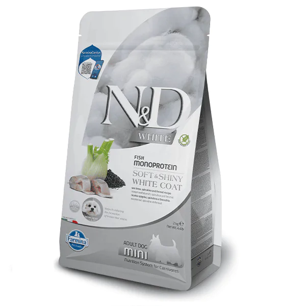 Farmina N&D Grain Free White Dog Adult Mini Sea Bass, Spirulina & Fennel - корм для собак із білою шерстю з сібасом, спіруліною та фенхелем