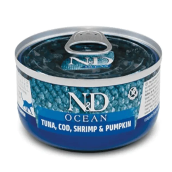 Farmina N&D Ocean Grain Free Cat Adult Tuna, Cod, Shrimp & Pumpkin Cans - вологий корм для котів, беззерновий, тунець, креветка, гарбуз 70г
