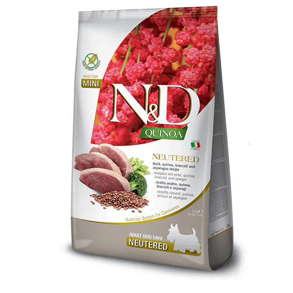 Farmina N&D Quinoa Dog Adult Mini Neutered Duck, Broccoli & Asparagus - сухий корм для дорослих стерилізованих собак дрібних порід, качка, кіноа, броколі та спаржа