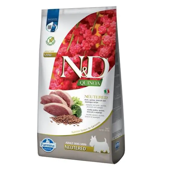 Farmina N&D Quinoa Dog Adult Mini Neutered Duck, Broccoli & Asparagus - сухий корм для дорослих стерилізованих собак дрібних порід, качка, кіноа, броколі та спаржа
