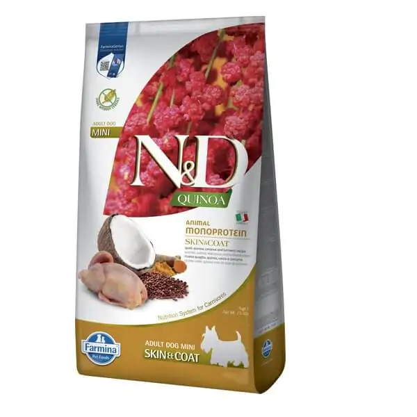 Farmina N&D Quinoa Dog Adult Mini Skin & Coat Quail & Coconut - корм для собак для шкіри і шерсті, з перепелом, кокосом і куркумою