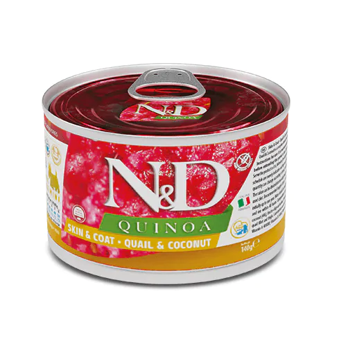 Farmina N&D Quinoa Dog Adult Mini Skin & Coat Quail & Coconut Cans - вологий корм для собак при харчовій алергії з перепелом, кіноа, кокос та куркума, 140 г