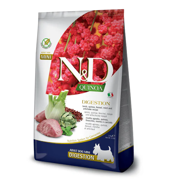 Farmina N&D Quinoa Dog Adult Mini Digestion Lamb & Fennel - сухий дієтичний корм для дорослих собак дрібних порід у разі порушень травлення ягням та кіноа, 2,5 кг