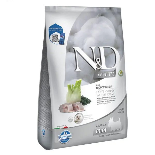 Farmina N&D Grain Free White Dog Adult Mini Sea Bass, Spirulina & Fennel - корм для собак із білою шерстю з сібасом, спіруліною та фенхелем