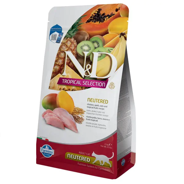 Farmina N&D Low Grain Tropical Selection Cat Adult Sterilised Chicken, Spelt, Oats & Tropical Fruit - корм для стерилізованих котів, курка з тропічними фруктами