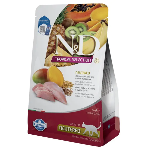 Farmina N&D Low Grain Tropical Selection Cat Adult Sterilised Chicken, Spelt, Oats & Tropical Fruit - корм для стерилізованих котів, курка з тропічними фруктами