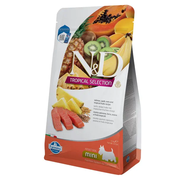 Farmina N&D Tropical Selection Dog Adult Mini Salmon, Spelt, Oats & Tropical fruits - cухий низькозерновий корм для дорослих собак дрібних порід з лососем і тропічними фруктами