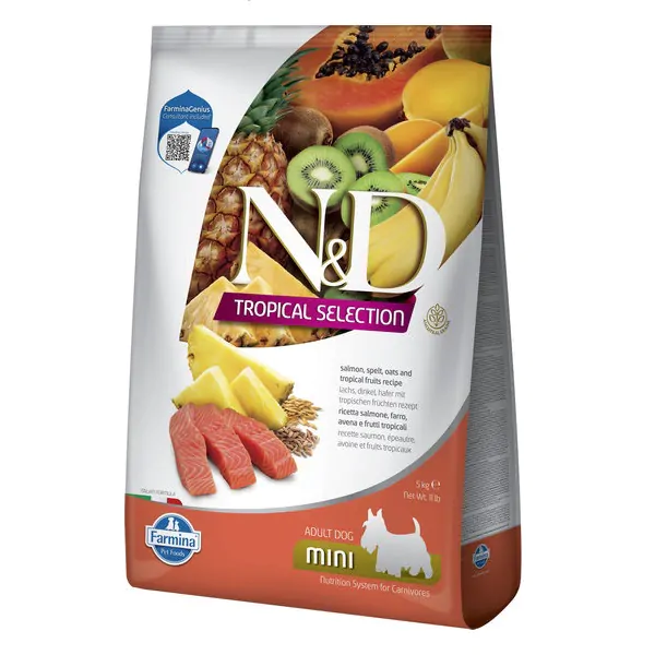 Farmina N&D Tropical Selection Dog Adult Mini Salmon, Spelt, Oats & Tropical fruits - cухий низькозерновий корм для дорослих собак дрібних порід з лососем і тропічними фруктами