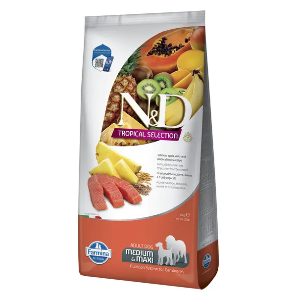 Farmina N&D Low Grain Tropical Selection Dog Adult Medium & Maxi Salmon, Spelt, Oats & Tropical fruits - корм для собак з лососем і тропічними фруктами