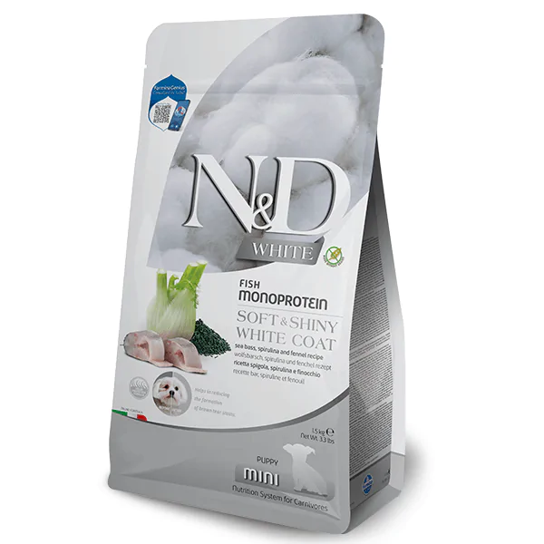 Farmina N&D Grain Free White Puppy Mini Sea Bass, Spirulina & Fennel - корм для цуценят із білою шерстю з сібасом, спіруліною та фенхелем, 1,5 кг
