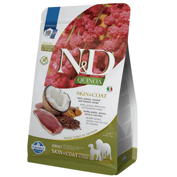 Farmina N&D Quinoa Dog Adult Medium & Maxi Skin & Coat Duck & Coconut - корм для собак при харчовій алергії з качкою, кіноа, кокос і куркума