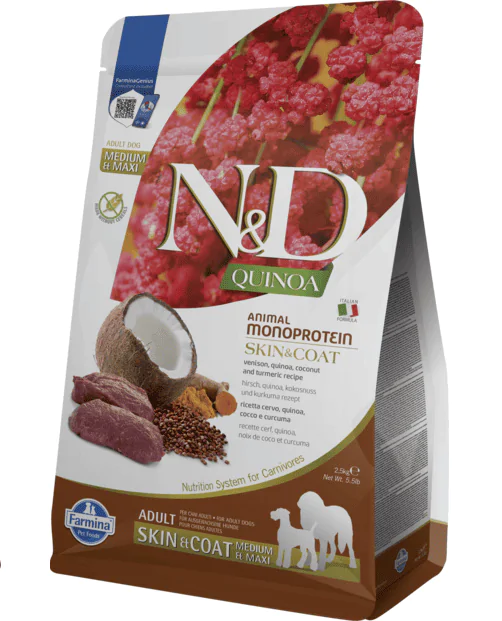 Farmina N&D Quinoa Dog Adult Medium & Maxi Skin & Coat Venison & Coconut - корм для собак з олениною та кокосом