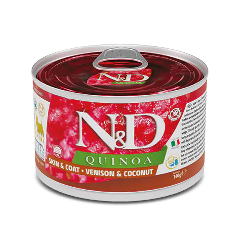 Farmina N&D Quinoa Dog Adult Mini Skin & Coat Venison & Coconut Cans - вологий корм для дрібних порід, при харчовій алергії з олениною, кіноа, кокос, 140 г