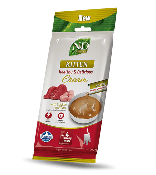Фарміна кремові ласощі для кошенят з куркою і тунцем N&D Grain Free PRIME CAT CREAM CHICKEN & TUNA KITTEN 60 gr, 4x15gr