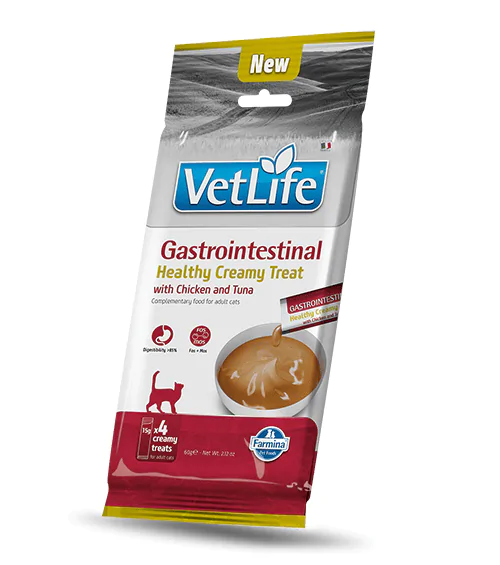 Фарміна кремові ласощі для котів з куркою та тунцем VET LIFE CAT GASTROINTESTINAL CREAMY TREAT CHICKEN & TUNA 60 gr, 4x15gr