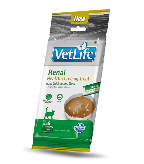 Фарміна кремові ласощі для котів при захворюваннях нирок VET LIFE CAT RENAL CREAMY TREAT CHICKEN & TUNA 60 gr, 4x15gr