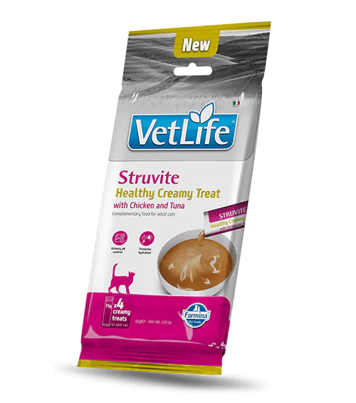 Фарміна кремові ласощі для котів при сечокам’яній хворобі VET LIFE CAT STRUVITE CREAMY TREAT CHICKEN & TUNA 60 gr, 4x15gr