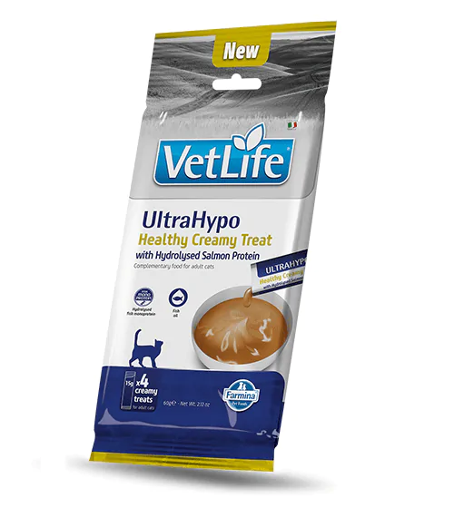 Фарміна кремові ласощі для котів при алергіях VET LIFE CAT ULTRAHYPO CREAMY TREAT SALMON з гідролізованим білком лосося 60 gr, 4x15gr