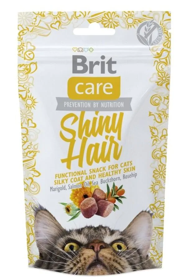 Функціональні ласощі для котів Brit Care Functional Snack Shiny Hair для здоров’я шкіри та шерсті з лососем 50 г